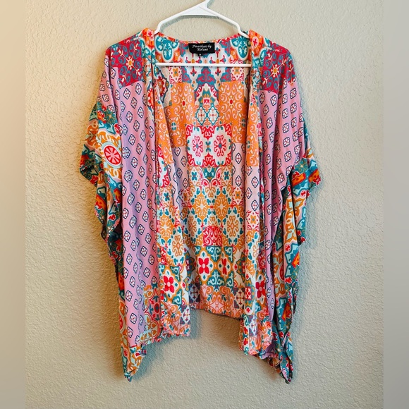 Feathers By Tolani Tops - Feathers by Tolani Kimono Open Front Bohemian Duster Orange Teal Coverup Size M